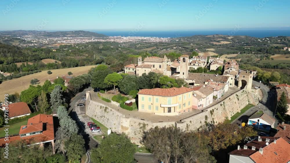 Italy, November 10, 2023 - aerial view of the medieval village of Novilara in the province of Pesaro and Urbino in the Marche region