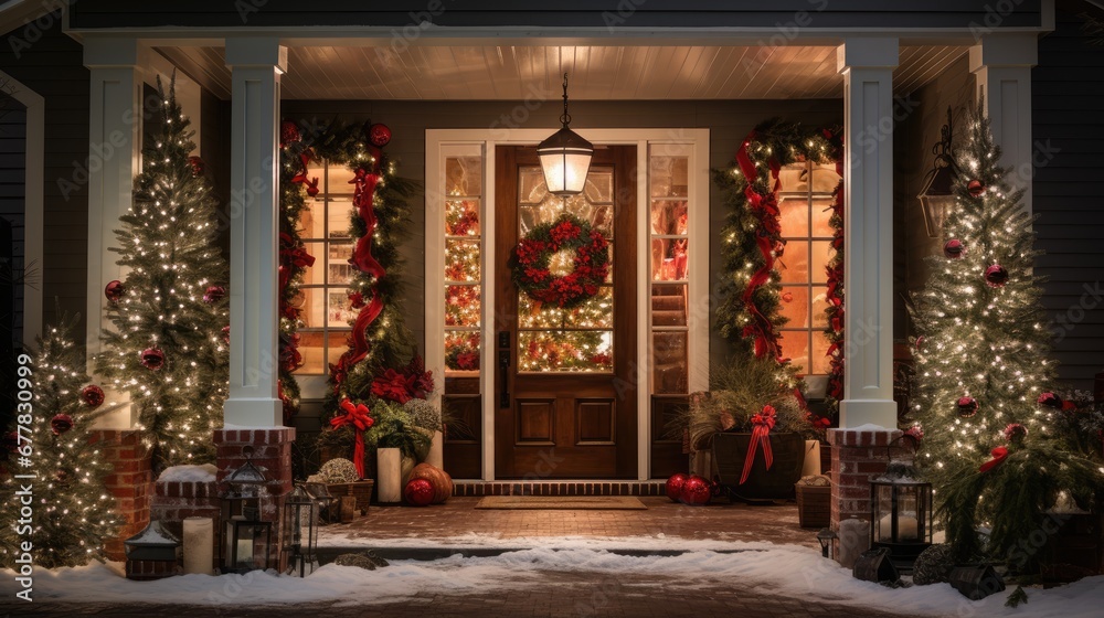  a front porch decorated for christmas with wreaths and wreaths on the front door and wreaths on the side of the porch.