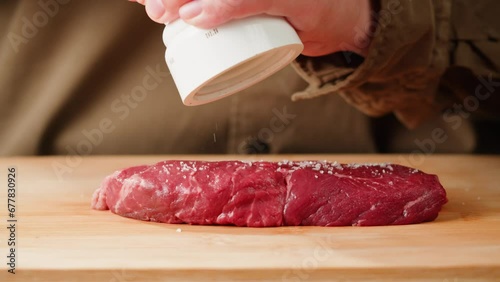 Man chef sault pickle beef steake meat on wooden desk close-up macro. Professional cheif preparing meat in restaurant kitchen. Delicious barbecue pork, spicy cuisine, american barbeque.  photo