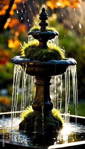 Water fountain in garden park with moss and sunshine.  photo