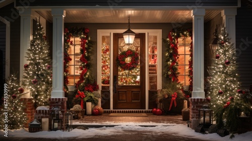  a front porch decorated for christmas with wreaths and wreaths on the front door and wreaths on the side of the porch. © Olga