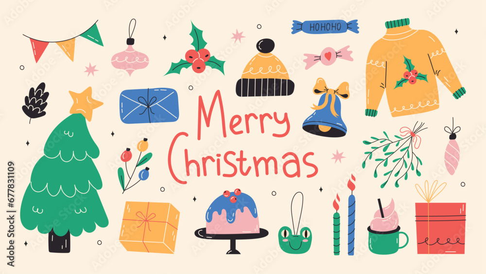Set of Cute Merry Christmas and Happy New Year Illustrations or stickers. Festive christmas characters and objects. Bell, gift, festive tree, candles. Vector stock illustration on isolated background Set of Cute Merry Christmas and Happy New Year Illustrations or stickers. Festive christmas characters and objects. Bell, gift, festive tree, candles. Vector stock illustration on isolated background