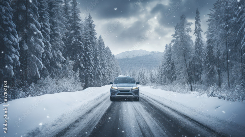 Snowy winter road with car and forest on the side - obrazy, fototapety, plakaty 