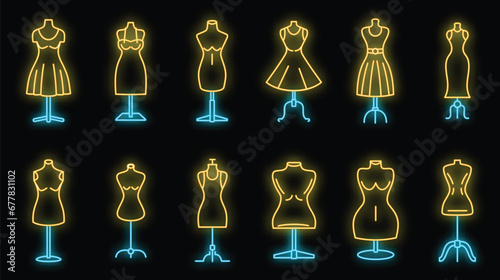Mannequin atelier icons set. Outline set of mannequin atelier vector icons neon color on black