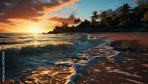 Sunset over tropical coastline, palm trees reflect in water generated by AI