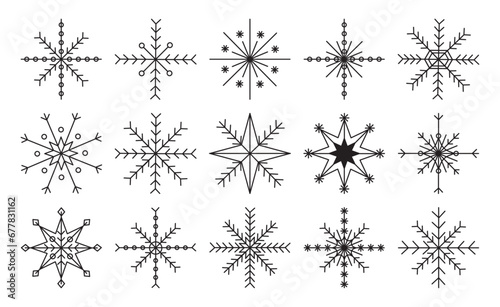 Set of various shapes of snowflakes with black contour in outline style on white background for wallpapers  icons  stickers  decorations  greeting cards