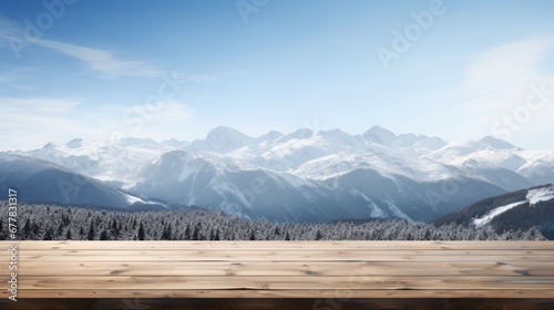 wooden table and mountains with snow