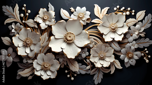 Luxurious 3D Gold and White Floral Design on Dark Background © GTXCO