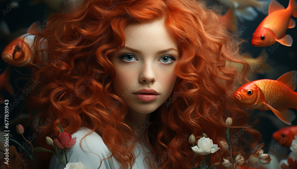 A beautiful redhead woman looking at camera, surrounded by nature generated by AI A beautiful redhead woman looking at camera, surrounded by nature generated by AI