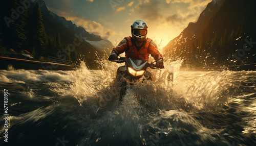Men riding motorcycles, splashing through waves, enjoying extreme outdoor adventures generated by AI