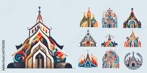 Vector ornamental traditional decorative church set illustration. Abstract historical mythology cabin logo. Good for print or tattoo
