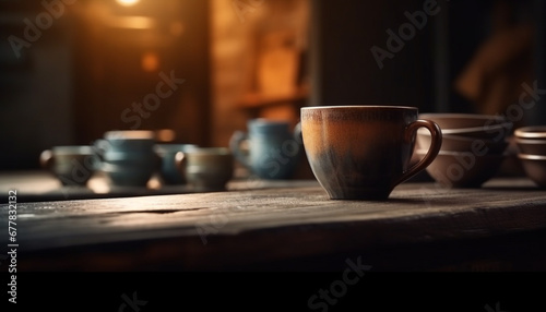 Wooden table holds hot coffee mug in cozy coffee shop generated by AI