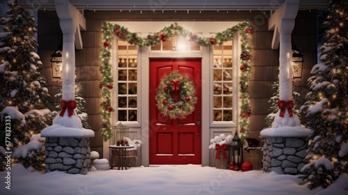 a red front door decorated for christmas with a wreath and a wreath on the front of the door and snow on the ground. © Olga