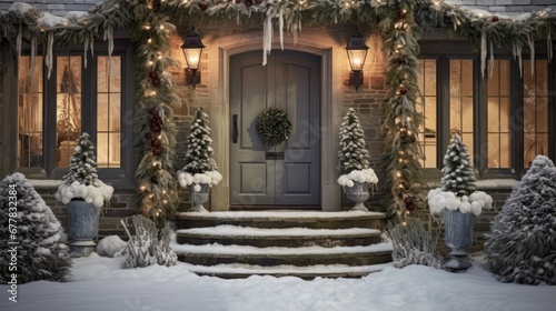  a house decorated for christmas with wreaths and garlands on the front of the house and steps leading up to the front door.