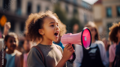 A girl with a megaphone is speaking to the members of a protest for the end of poverty: a call to global action to eradicate poverty and hunger. 