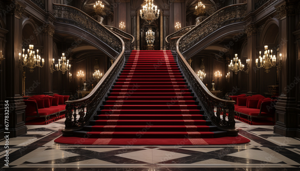 Luxury staircase illuminated with modern lighting, showcasing elegance and history generated by AI