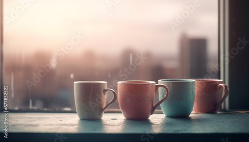 Modern coffee cup on wooden desk by window in cityscape generated by AI