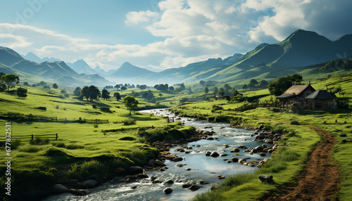 Mountain landscape with green meadows and tranquil water generated by AI