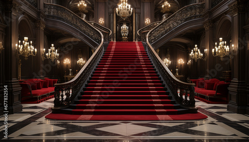 Luxury staircase illuminated with modern lighting, showcasing elegance and history generated by AI