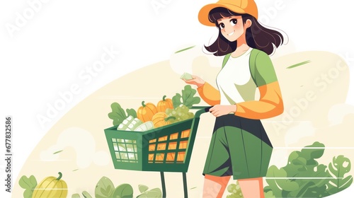 Girl pushing a cart from a supermarket. Girl goes shopping