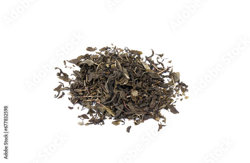 Dried green tea on the white background