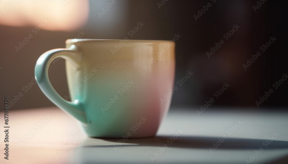 Fototapeta premium Hot coffee in blue mug on wooden table by window generated by AI