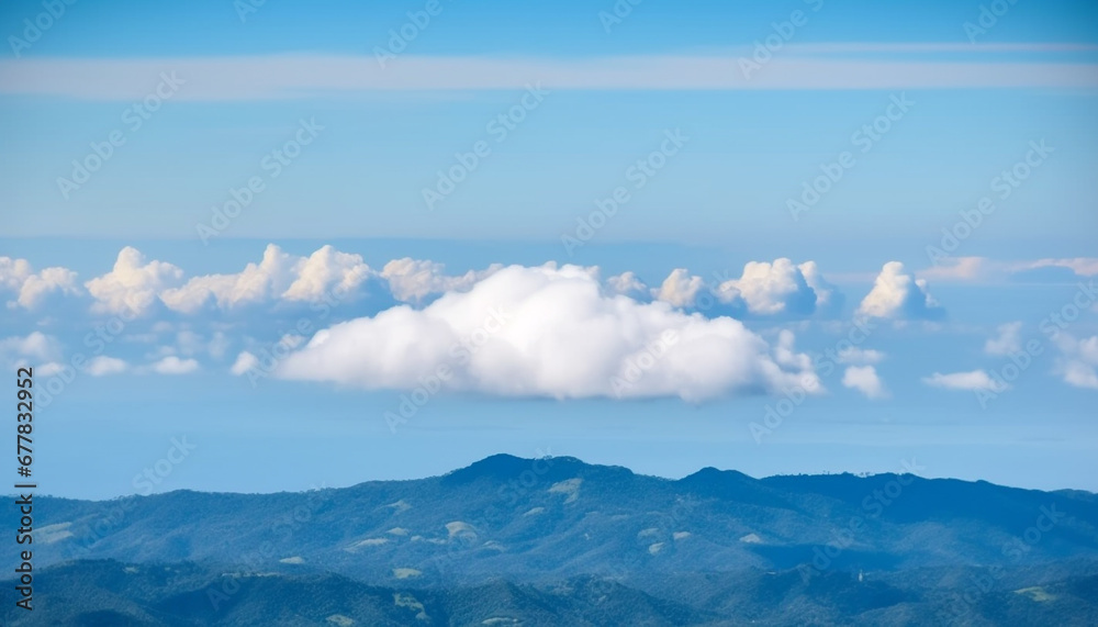 Mountain peak in tranquil scene, high up in clear sky generated by AI