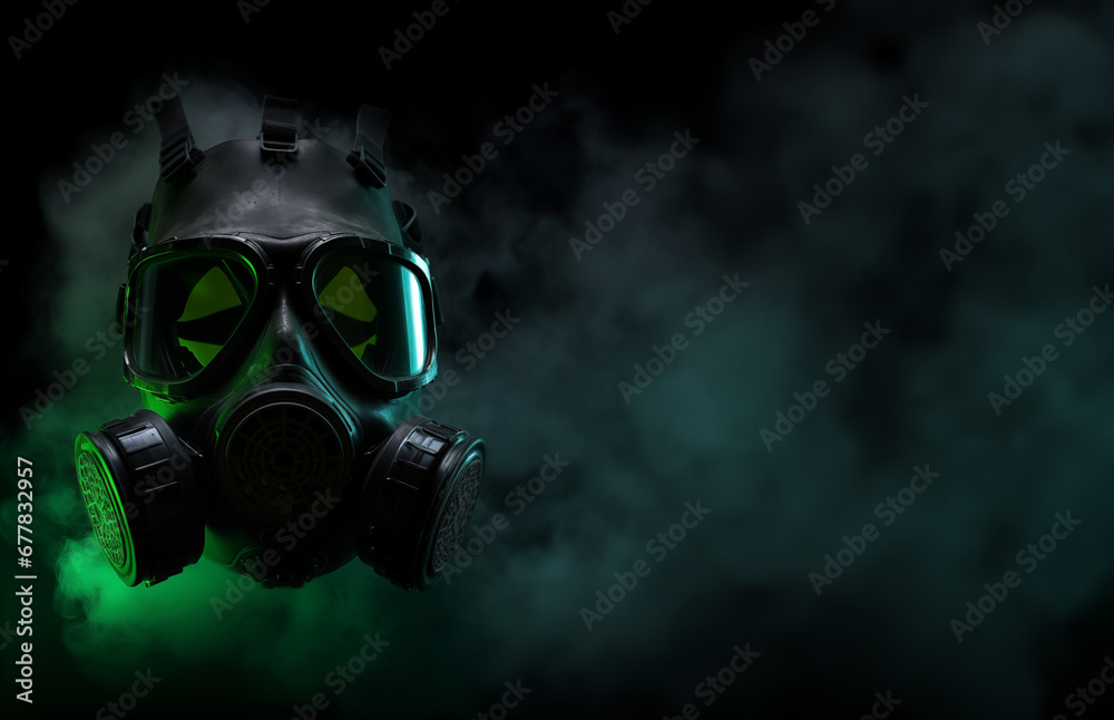 Gas Mask - Smoke - Mist - Fog - Black Background - Copy space for text - green misty smokey glow - glass lens