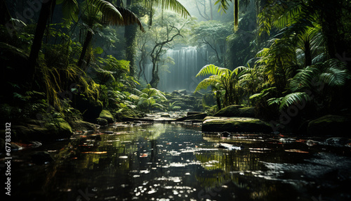 Tranquil scene of a dark forest reflecting in pond generated by AI