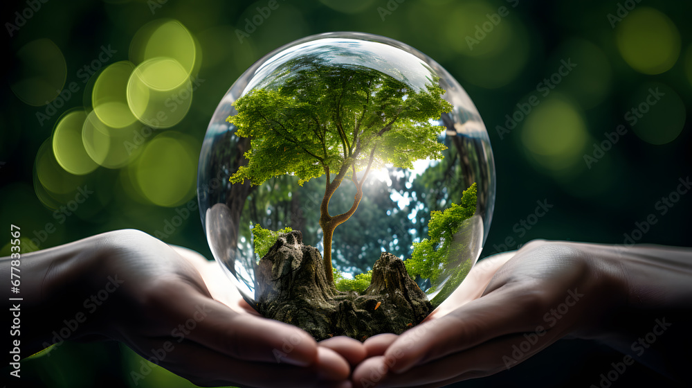 Human hands holding glass sphere with green tree inside. Earth Day. environment protection - obrazy, fototapety, plakaty 