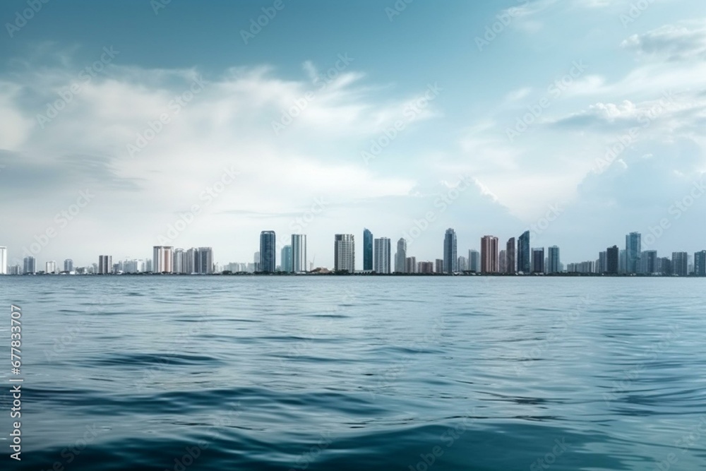 panorama of urban landscape from ocean. Generative AI