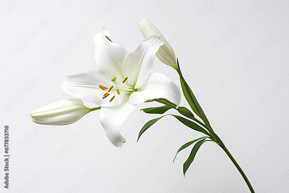 Closeup of white lily on white background. Generative AI