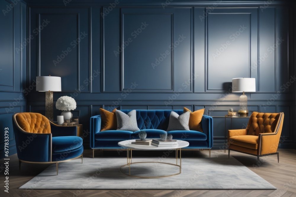 Blue sofa and armchair against black paneling wall. Art deco home interior design of modern living room Blue sofa and armchair against black paneling wall. Art deco home interior design of modern living room