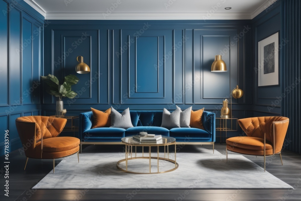 Blue sofa and armchair against black paneling wall. Art deco home interior design of modern living room Blue sofa and armchair against black paneling wall. Art deco home interior design of modern living room