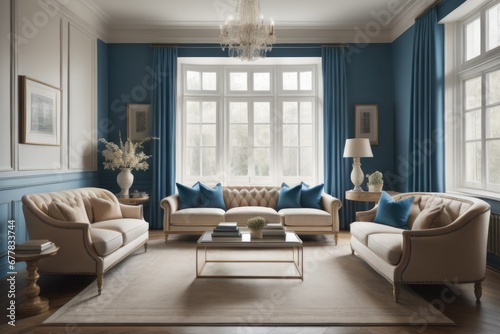 Beige and blue sofas against window in classic room. Interior design of modern living room