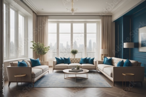 Beige and blue sofas against window in classic room. Interior design of modern living room © Marko