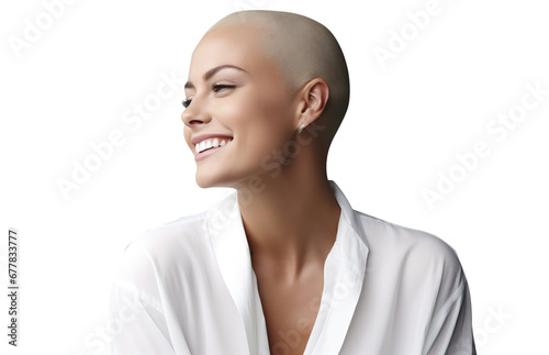 Cosmetic and cosmetology products for self-care. Short hair or a bald healthy woman has a beautiful well-groomed facial skin. Smiling shows the emotion of happiness.