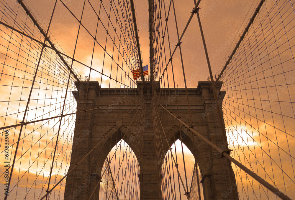 Fototapeta premium New York Brooklyn bridge soleil couchant