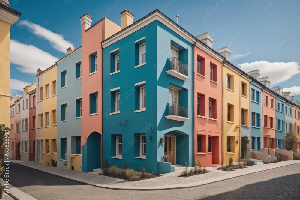 Colorful stucco finish traditional private townhouses. Residential architecture exterior 
