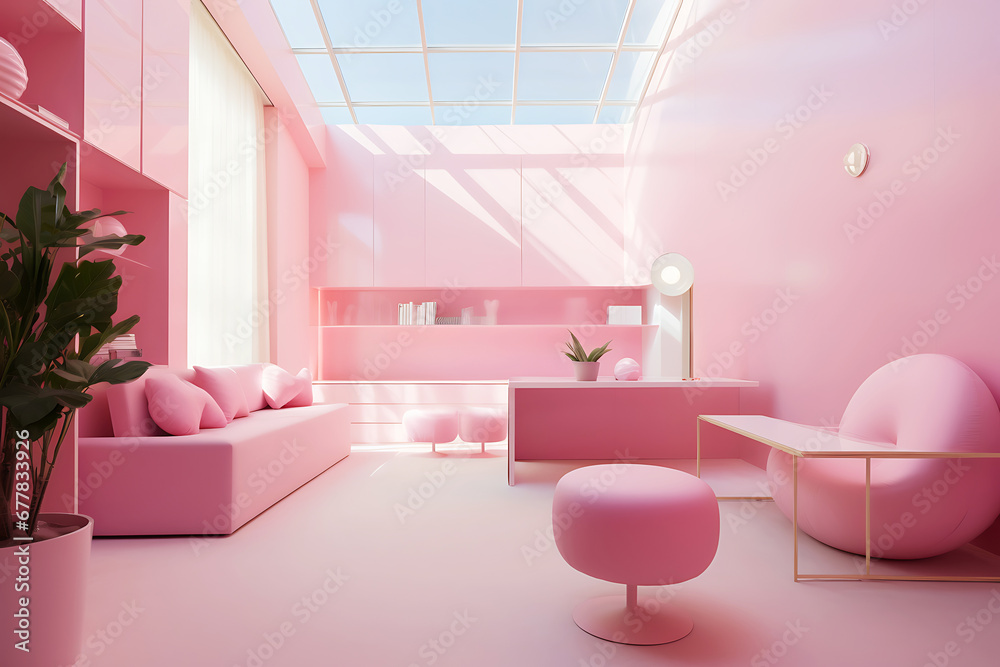 Stylish pink office with a transparent roof, illuminated by bright sunlight Stylish pink office with a transparent roof, illuminated by bright sunlight
