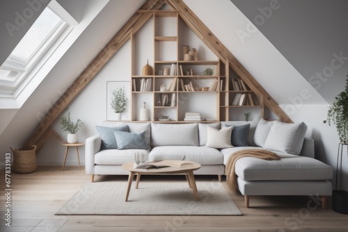 Corner sofa against shelving unit, scandinavian home interior design of modern living room in attic in farmhouse © Marko