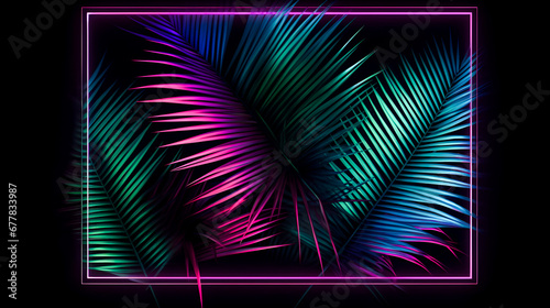 Palm trees leaf with neon frame on dark background