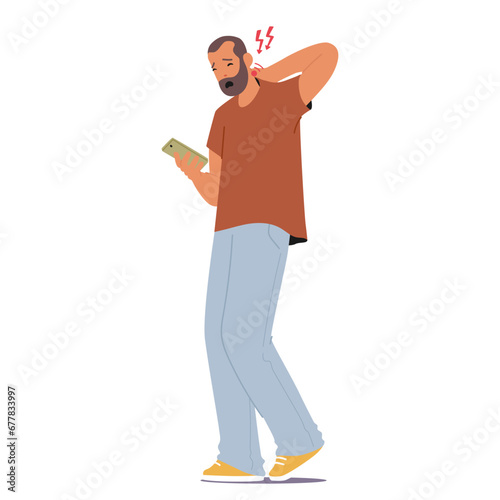Male Character Feel Discomfort due to Wrong Posture. Man Hunches Over His Phone, Causing Neck Pain From Improper Pose