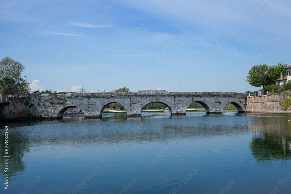 Famous and old Tiberius bridge, Ponte Di Tiberio in Rimini, Italy