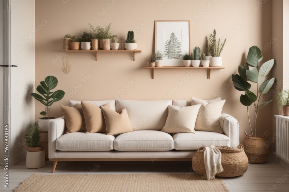 Naklejka premium Cozy sofa with white and beige cushions and wooden pots with houseplants against beige wall with shelves. Scandinavian home interior design of modern living