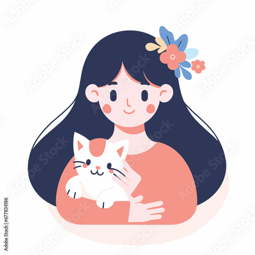 a woman admire cute cat flat simple vector illustrations on white background