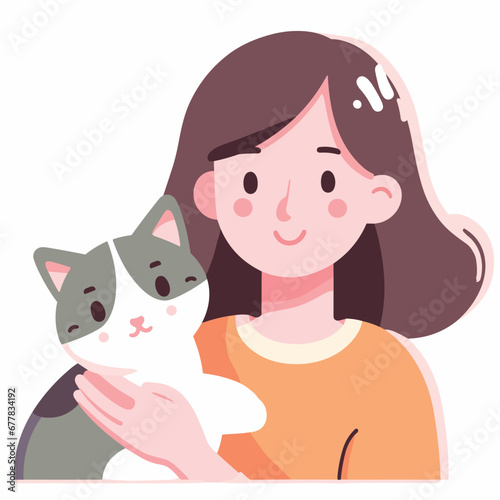 a woman admire cute cat flat simple vector illustrations on white background