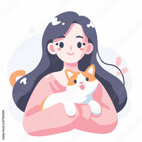 a woman admire cute cat flat simple vector illustrations on white background