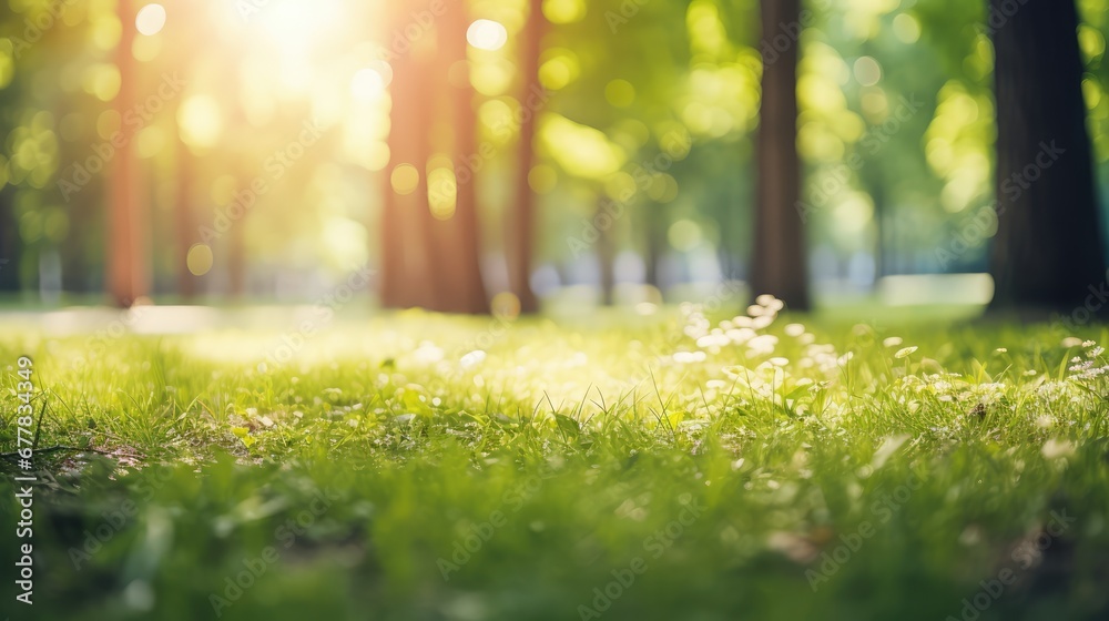 Blurred background of a green grassy field in the forest