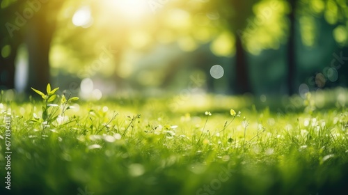 Blurred background of a green grassy field in the forest